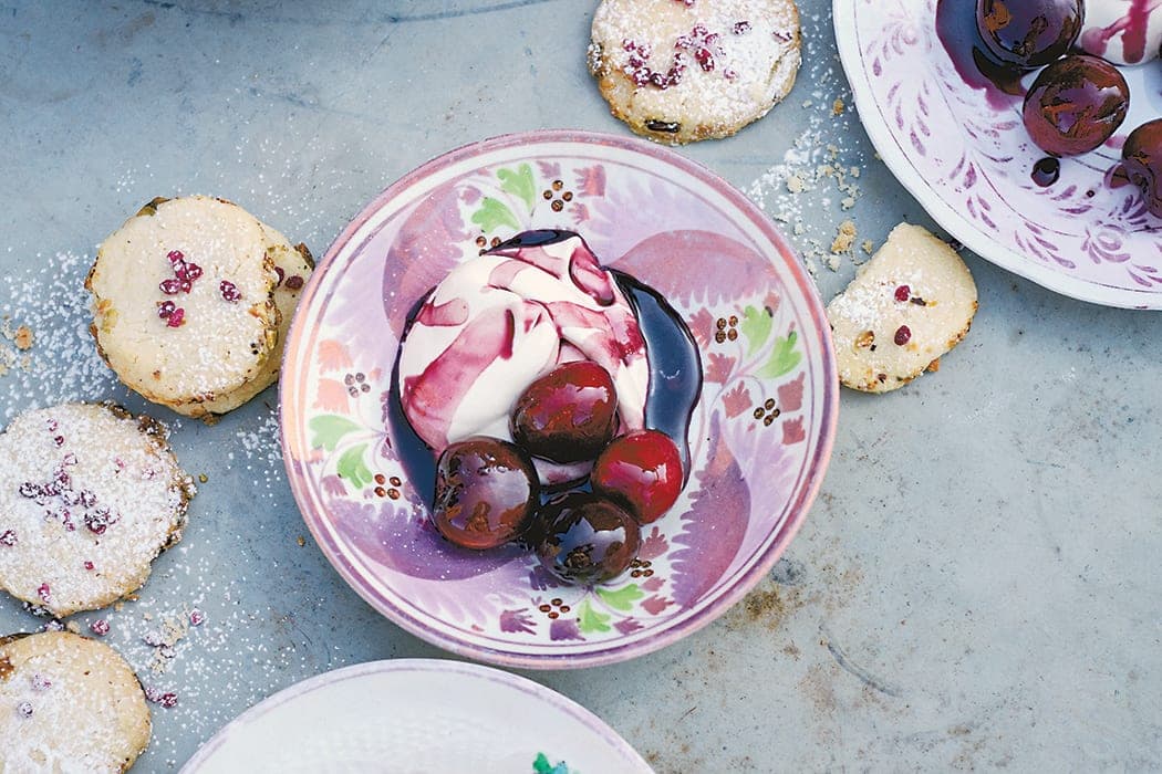 Cherries in Wine with Cardamom Cream and Rose Pistachio Shortbread