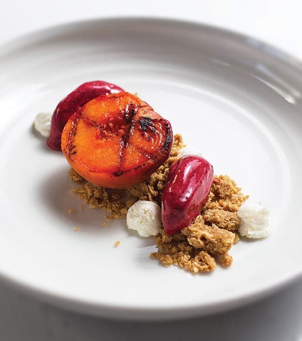 Negroni-Poached Peaches with Crumble