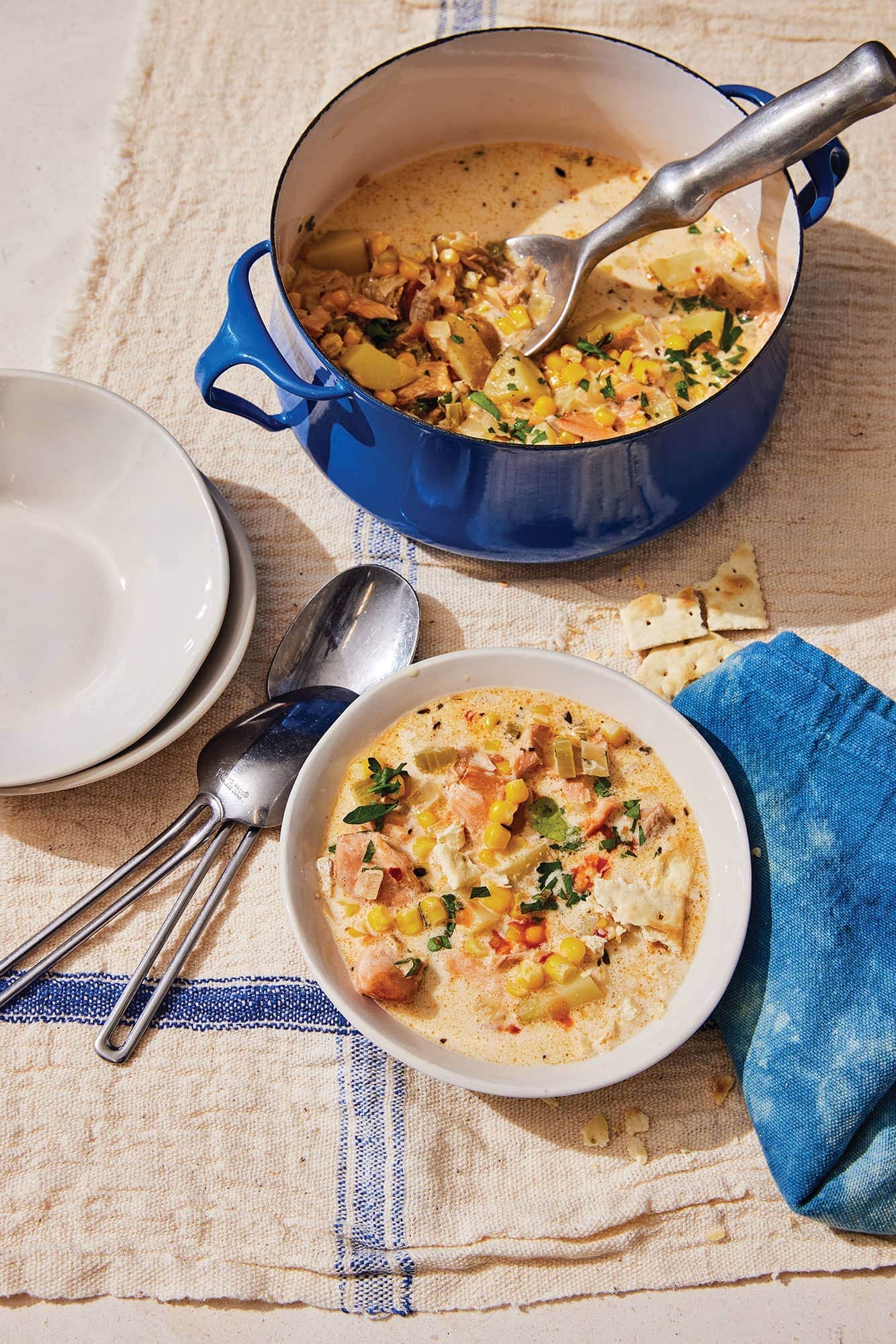 Smoked Salmon Chowder With White Wine, Potatoes, and Corn