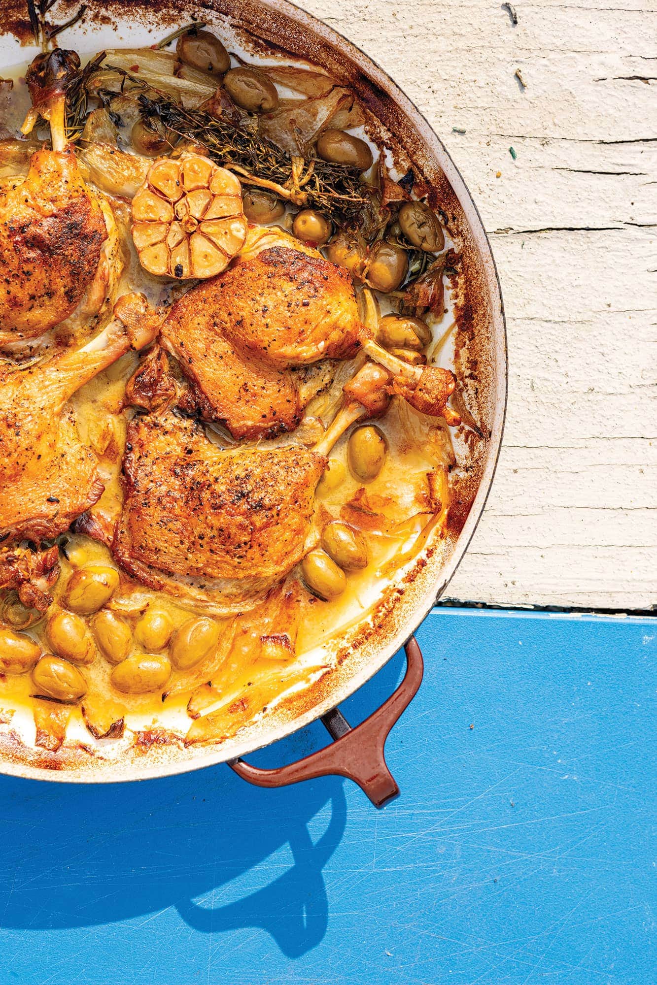 White Wine-Braised Duck Legs With Olives, Rosemary, and Garlic